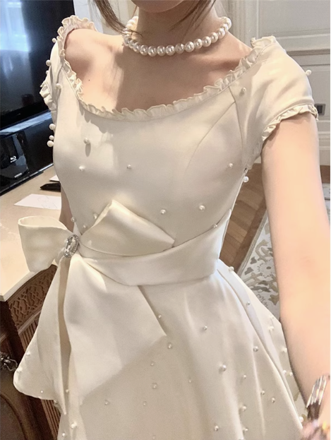 Heavy Pearl Satin Bow A-line Birthday Dress Homecoming Dress P3681