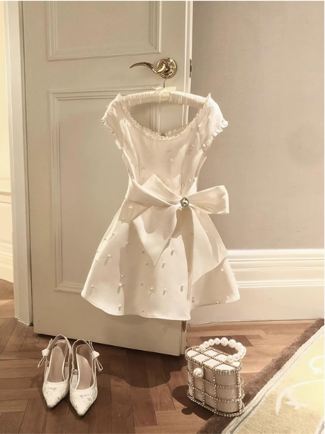 Heavy Pearl Satin Bow A-line Birthday Dress Homecoming Dress P3681