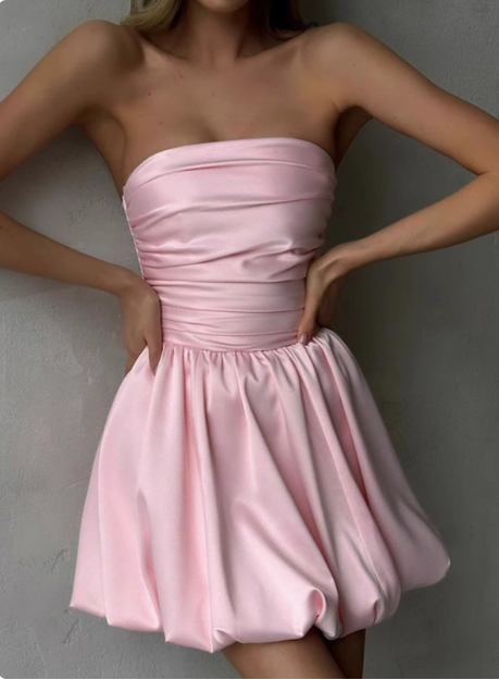 Simple One-shoulder Tube Top Satin Flower Bud Birthday Dress Homecoming Dress P3682