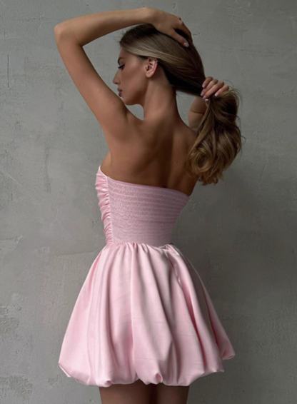 Simple One-shoulder Tube Top Satin Flower Bud Birthday Dress Homecoming Dress P3682