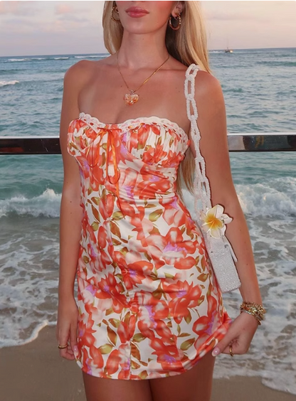 Sexy Orange Tube Top Printed Hip 17th Birthday Homecoming Dress P3684