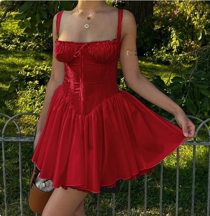 French Ballet Style Tie Waist Suspenders Red Mini Birthday Dress Homecoming Dress P3685