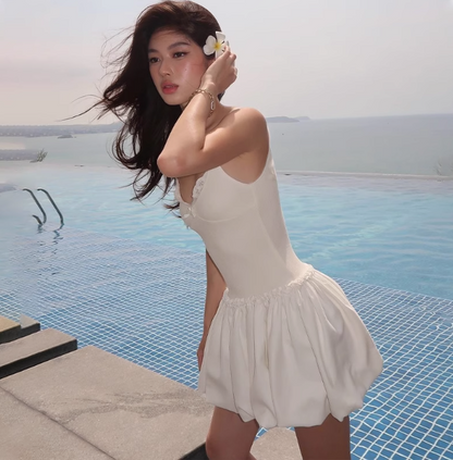 Cute Bow Lace V-neck Sling Flower Bud Skirt 17th Birthday Homecoming Dress P3689