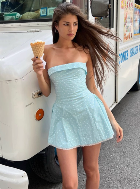 Sweet Polka Dot Lace Tube Top A-Line Homecoming Dress P3692