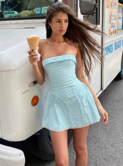 Sweet Polka Dot Lace Tube Top A-Line Homecoming Dress P3692