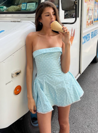 Sweet Polka Dot Lace Tube Top A-Line Homecoming Dress P3692