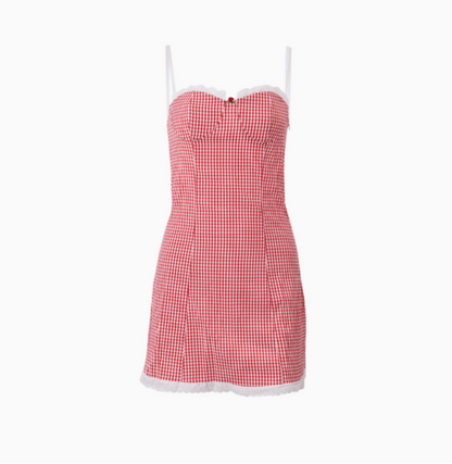 Vintage Plaid Suspender Lace Trim Red 17th Birthday Homecoming Dress P3695