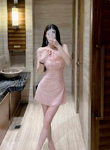 Gentle Pink Short Birthday Dress Tube Top Shimmering Homecoming Dress P3717