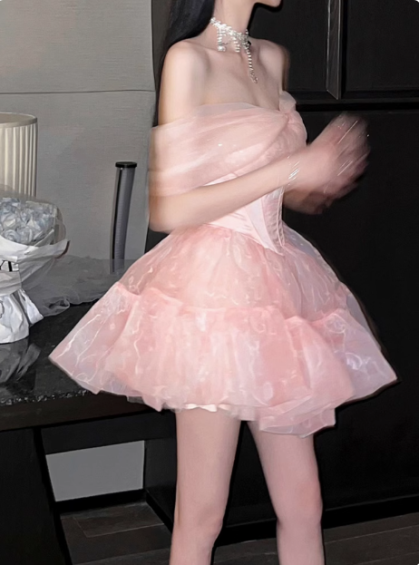 Sweet Pink Tulle Birthday Dress Tulle Puff Homecoming Dress P3720