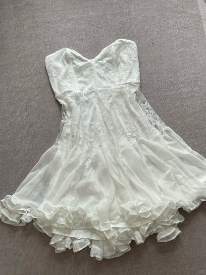 Elegant Tube Top White Lace Splicing Mesh A-line 17th Birthday Homecoming Dress P3725