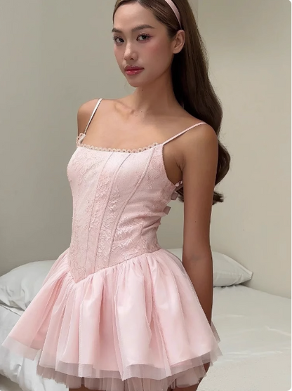 Sweet Sling Backless Bow A-line Fluffy Lace Birthday Dress Homecoming Dress P3733