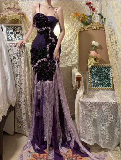 Charming Purple Heavy Strap Floral Lace Mermaid Prom Dress P3752