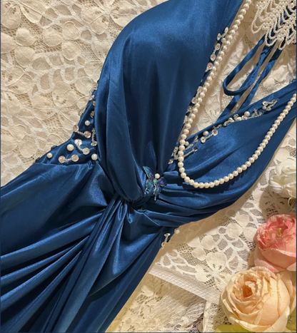 Vintage Blue Halter Neck V-Neck Beaded Satin Prom Dress P3754