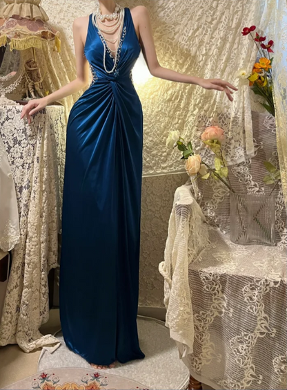 Vintage Blue Halter Neck V-Neck Beaded Satin Prom Dress P3754