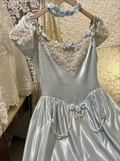 Princess Blue Satin 3D Rose Beaded A-Line Prom Dress P3755