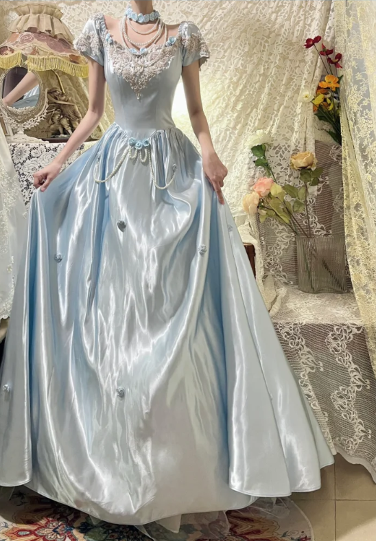 Princess Blue Satin 3D Rose Beaded A-Line Prom Dress P3755