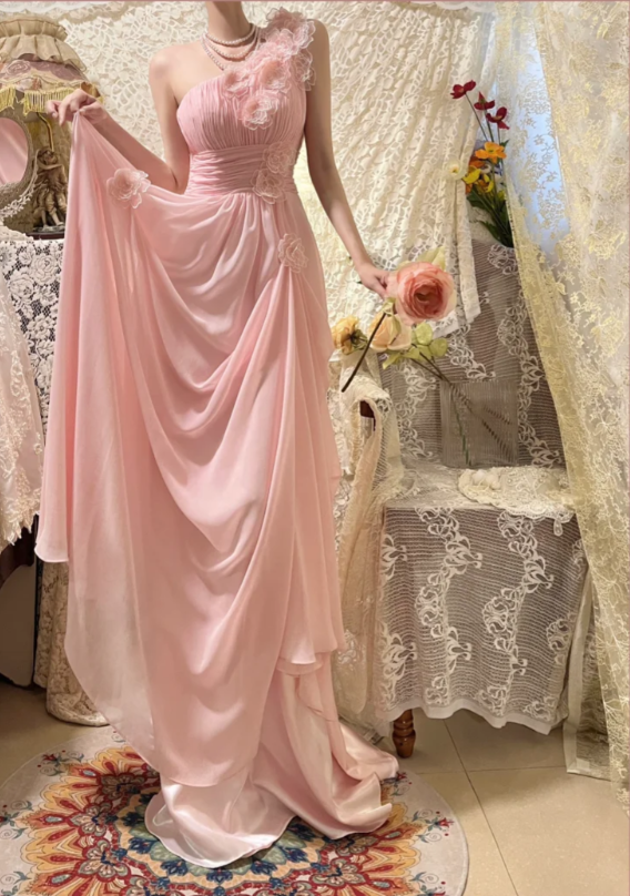Elegant Pink Off-shoulder 3D Flower Pleated Chiffon Long Prom Dress P3756