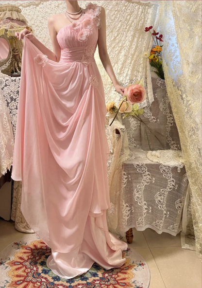 Elegant Pink Off-shoulder 3D Flower Pleated Chiffon Long Prom Dress P3756