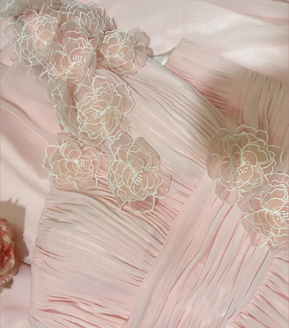 Elegant Pink Off-shoulder 3D Flower Pleated Chiffon Long Prom Dress P3756