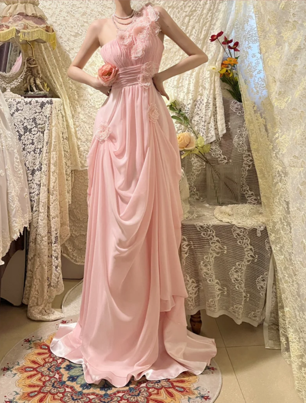 Elegant Pink Off-shoulder 3D Flower Pleated Chiffon Long Prom Dress P3756