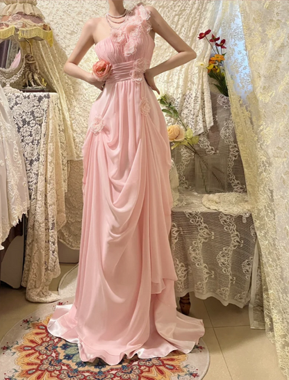 Elegant Pink Off-shoulder 3D Flower Pleated Chiffon Long Prom Dress P3756