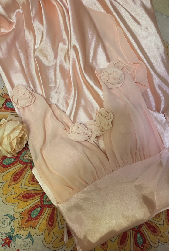 Sweet Pink 3D Rose V-Neck Satin Long Prom Dress P3762