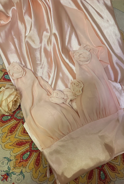 Sweet Pink 3D Rose V-Neck Satin Long Prom Dress P3762