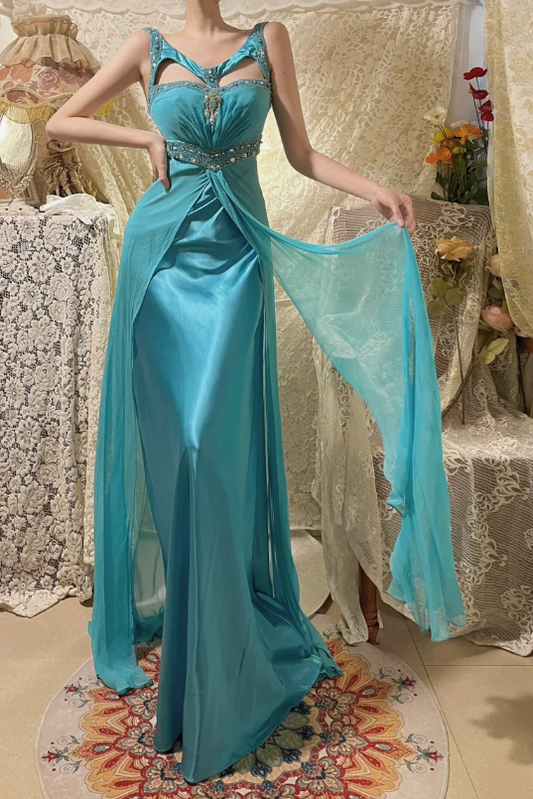 Vintage Lake Blue Design Neckline Beaded Satin Prom Dress P3763