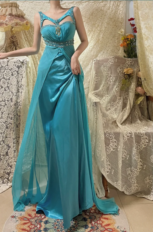 Vintage Lake Blue Design Neckline Beaded Satin Prom Dress P3763