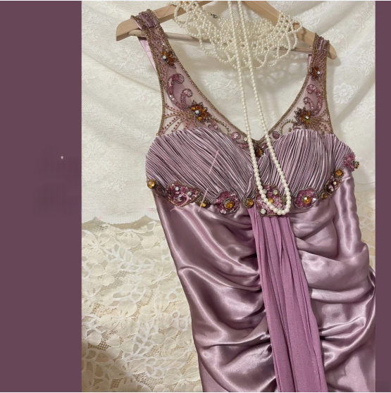 Vintage Satin Hand-Pleated Heavy Art Prom Dress P3764