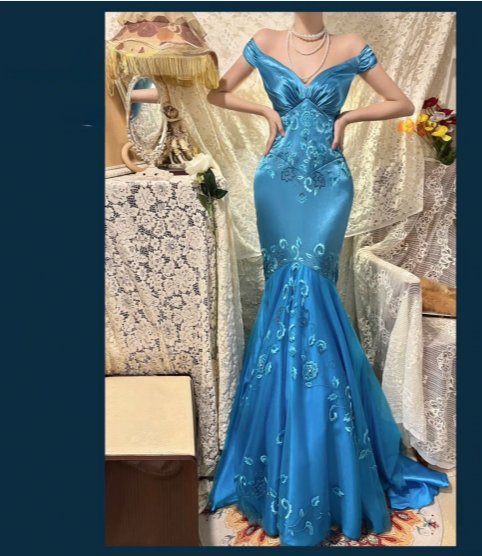 Vintage Blue Satin Beaded Embroidery V-Neck Mermaid Prom Dress P3765