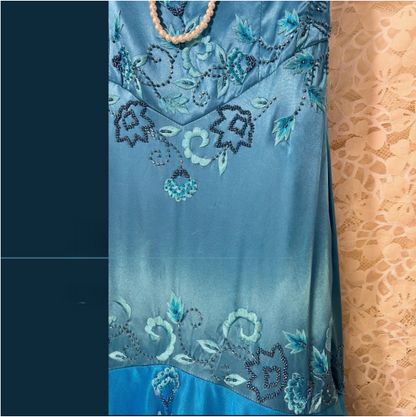 Vintage Blue Satin Beaded Embroidery V-Neck Mermaid Prom Dress P3765