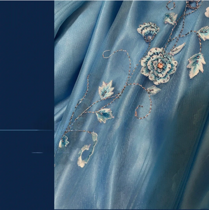 Vintage Blue Satin Beaded Embroidery V-Neck Mermaid Prom Dress P3765