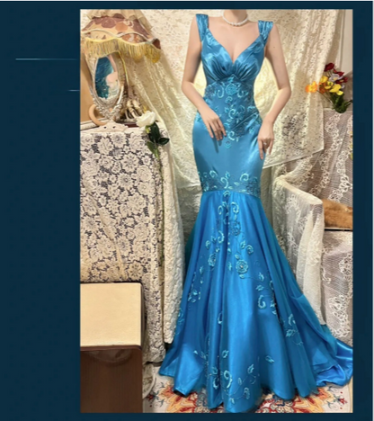 Vintage Blue Satin Beaded Embroidery V-Neck Mermaid Prom Dress P3765