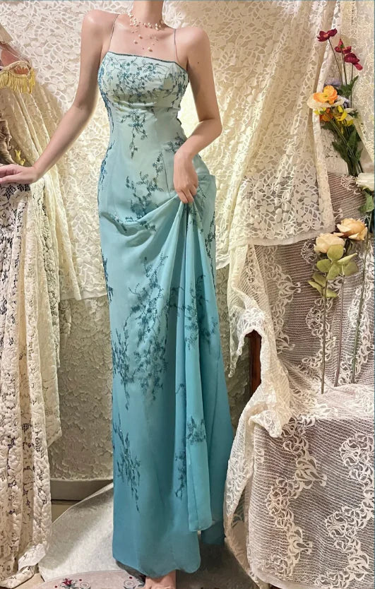 Vintage Blue Ombre A Line Spaghetti Straps Beaded Chiffon Open Back Prom Dress Evening Dress SH3785
