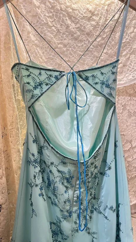 Vintage Blue Ombre A Line Spaghetti Straps Beaded Chiffon Open Back Prom Dress Evening Dress SH3785