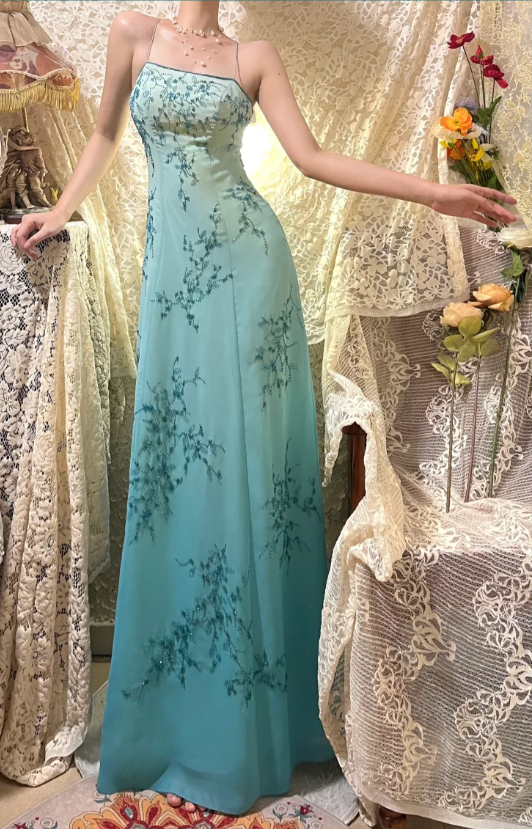 Elegant Gradient Blue Oil Painting Beaded Long Prom Dress P3767