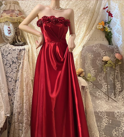 Beautiful Red Strapless Three-dimensional Rose Satin A-line Long Prom Dress P3768