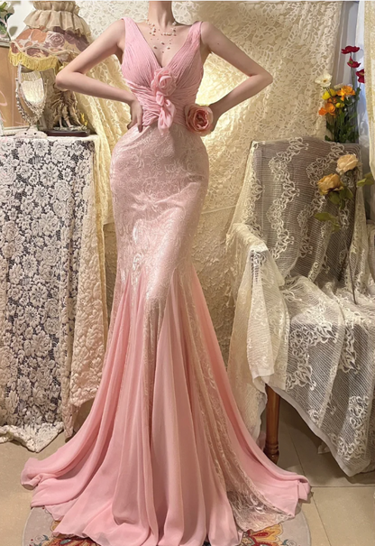 Elegant Pink Strap V-neck Chiffon Lace Rose Prom Dress P3769