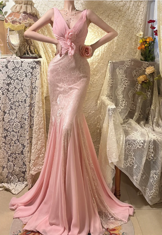 Elegant Pink Strap V-neck Chiffon Lace Rose Prom Dress P3769