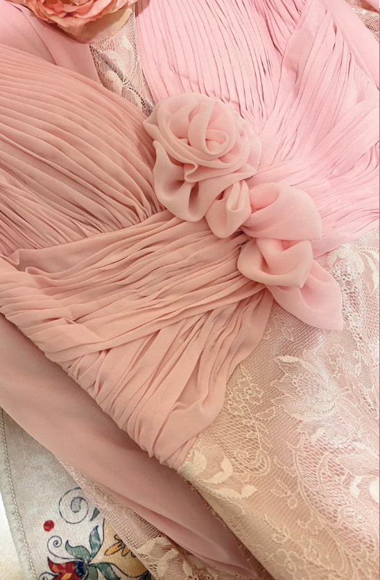 Elegant Pink Strap V-neck Chiffon Lace Rose Prom Dress P3769