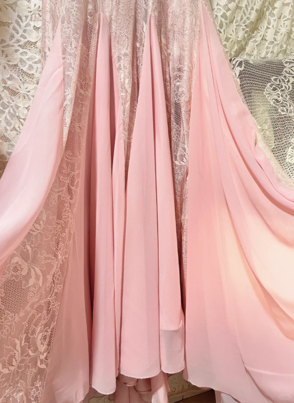 Elegant Pink Strap V-neck Chiffon Lace Rose Prom Dress P3769