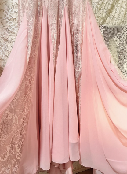 Elegant Pink Strap V-neck Chiffon Lace Rose Prom Dress P3769