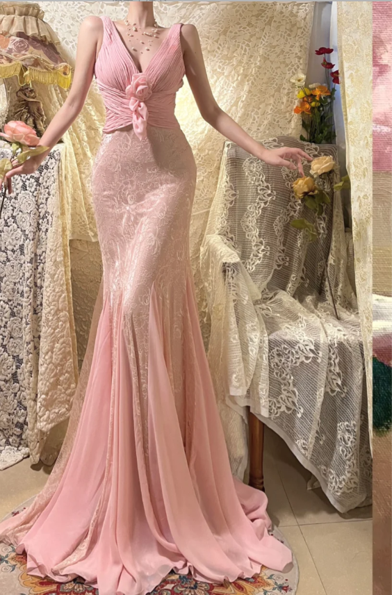 Elegant Pink Strap V-neck Chiffon Lace Rose Prom Dress P3769