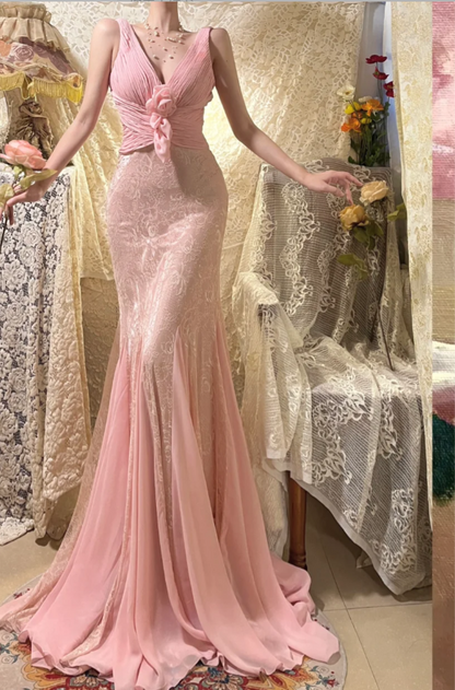 Elegant Pink Strap V-neck Chiffon Lace Rose Prom Dress P3769