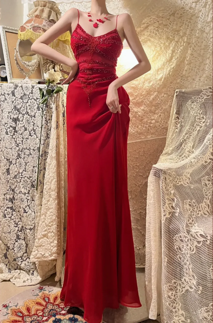Stunning Red Strappy Beaded Chiffon Mermaid Prom Dress P3771
