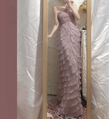 Tender Pink One Shoulder 3D Flower Chiffon Layered Mermaid Prom Dress P3772