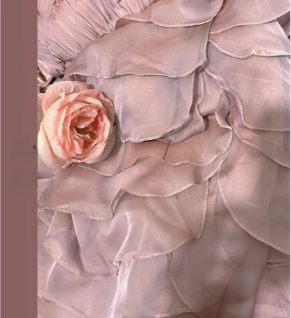 Tender Pink One Shoulder 3D Flower Chiffon Layered Mermaid Prom Dress P3772