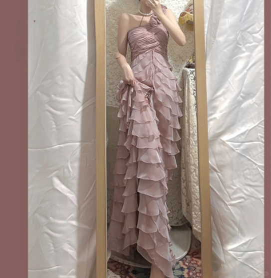 Tender Pink One Shoulder 3D Flower Chiffon Layered Mermaid Prom Dress P3772