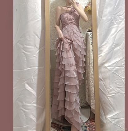 Tender Pink One Shoulder 3D Flower Chiffon Layered Mermaid Prom Dress P3772